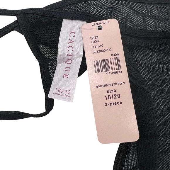 NWT Cacique Black Bow Embroidered 2 Piece Baby Doll Negligee Size 18/20 Women’s - Picture 6 of 7